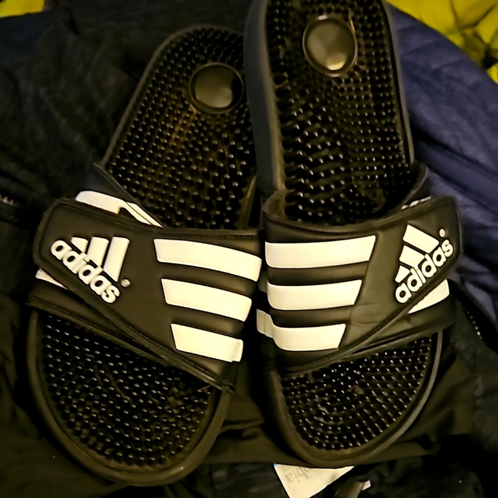 Adidas Slides, black with white Size. Mens 6.5